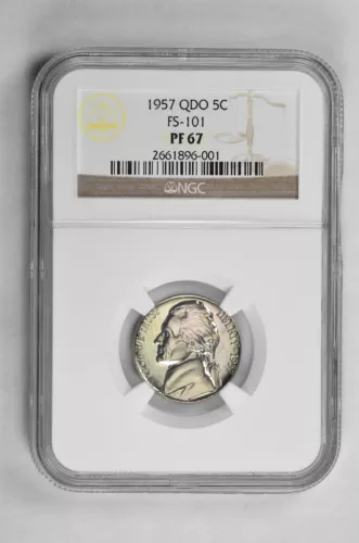 1957 QDO Proof Jefferson Nickel 5c FS-101 NGC PF 67