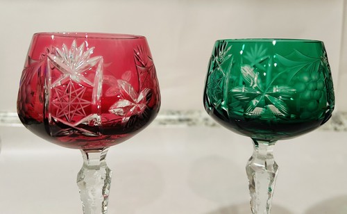 Two Bohemian Crystal Hock Wine Glass Set Cranberry Red Emerald Green, 8” - Picture 2 of 10