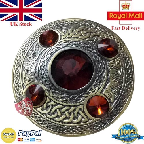 HS Celtic Fly Plaid Brooch Red 5 Stone Antique Finish 4" Scottish Kilt Brooches - Picture 3 of 3