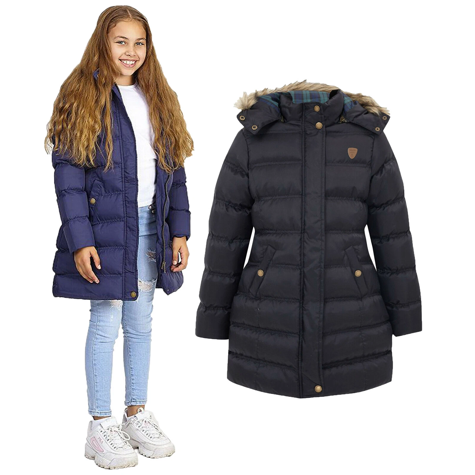 GIRLS PUFFER LONG PADDED JACKET BUBBLE COAT PARKA COMFORT FAUX FUR HOODED WINTER
