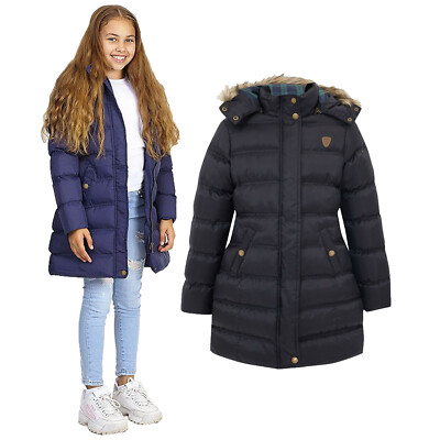 MÄDCHEN PUFFER LANGE GEPOLSTERTE JACKE BLASENMANTEL PARKA KOMFORT KUNSTFELL KAPUZE WINTER