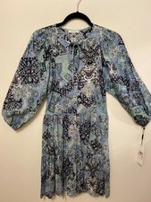 Calvin Klein Women's Geo Print Puffed-Sleeve Dress Multi Blue Color Size 10 NWT
