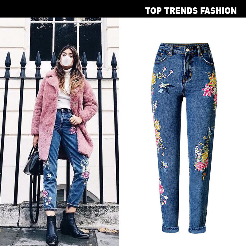 New Womens Floral Birds Embroidery High Waist Denim Pants
