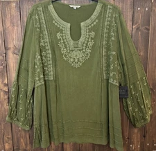 John Mark 1X Olive Green Embroidered Split Neck 3/4 Sleeve Tunic Top NWT