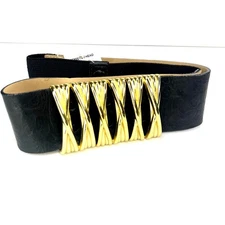 Streets Ahead Black Leather Gold Hardware Waist Belt Statement Elastic Large