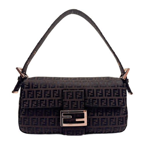 FENDI Baguette Dark Brown Zucchino Canvas Shoulder Bag
