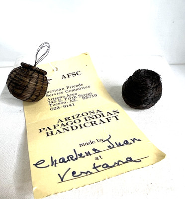 2 Vtg Native American Tohono O odham Hand Woven Horsehair Miniature Baskets COA