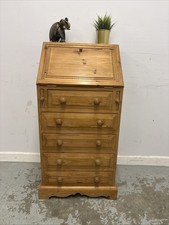 Solid Pine Bureau Desk with Drop Front & 5 Drawers – Rustic Wooden Writing Desk