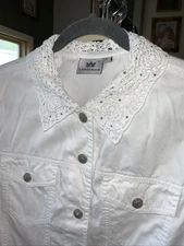 Lafei-Nier  Jacket Women's White Cotton Crochet Lace Rhinestones Boho Sz L