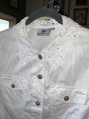 Lafei-Nier  Jacket Women's White Cotton Crochet Lace Rhinestones Boho Sz L