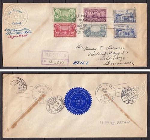 w3076/ USA Registered Upr Westpoint FDC Cover t/Denmark 1937 w/Poster Stamp Seal