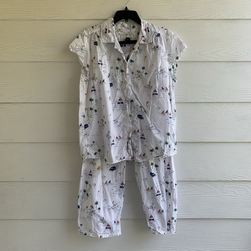 The Cat’s Pyjama Set Damen XL Weiß Kurzarm Strand Print Gummibund