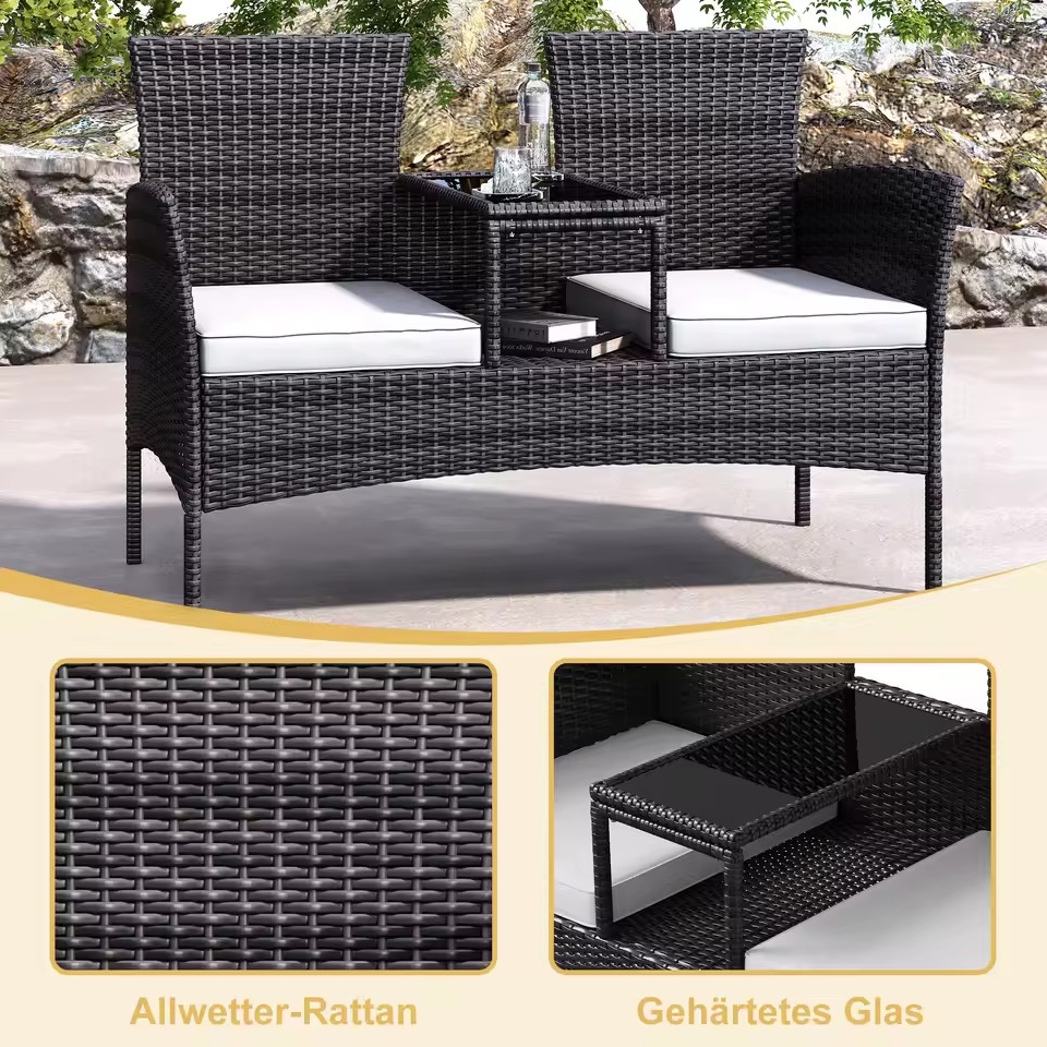 Banc de jardin 2 places avec table intégrée résine tressée pour petits espaces