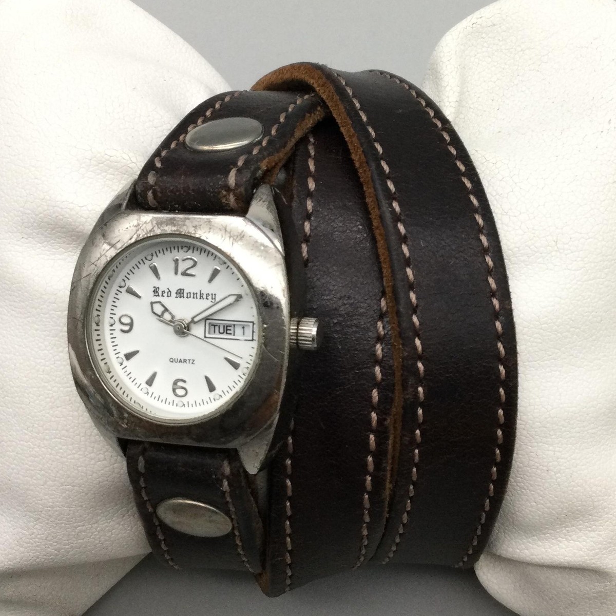 Red Monkey Womens Watch 26mm Silver Tone Brown Leather Wrap New