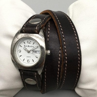 Red Monkey Womens Watch 26mm Silver Tone Brown Leather Wrap New Battery
