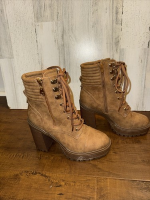 #ad GBG Los Angeles Dual Zip Lace High Heel Platform Boots Brown Women 6.5 $29.00