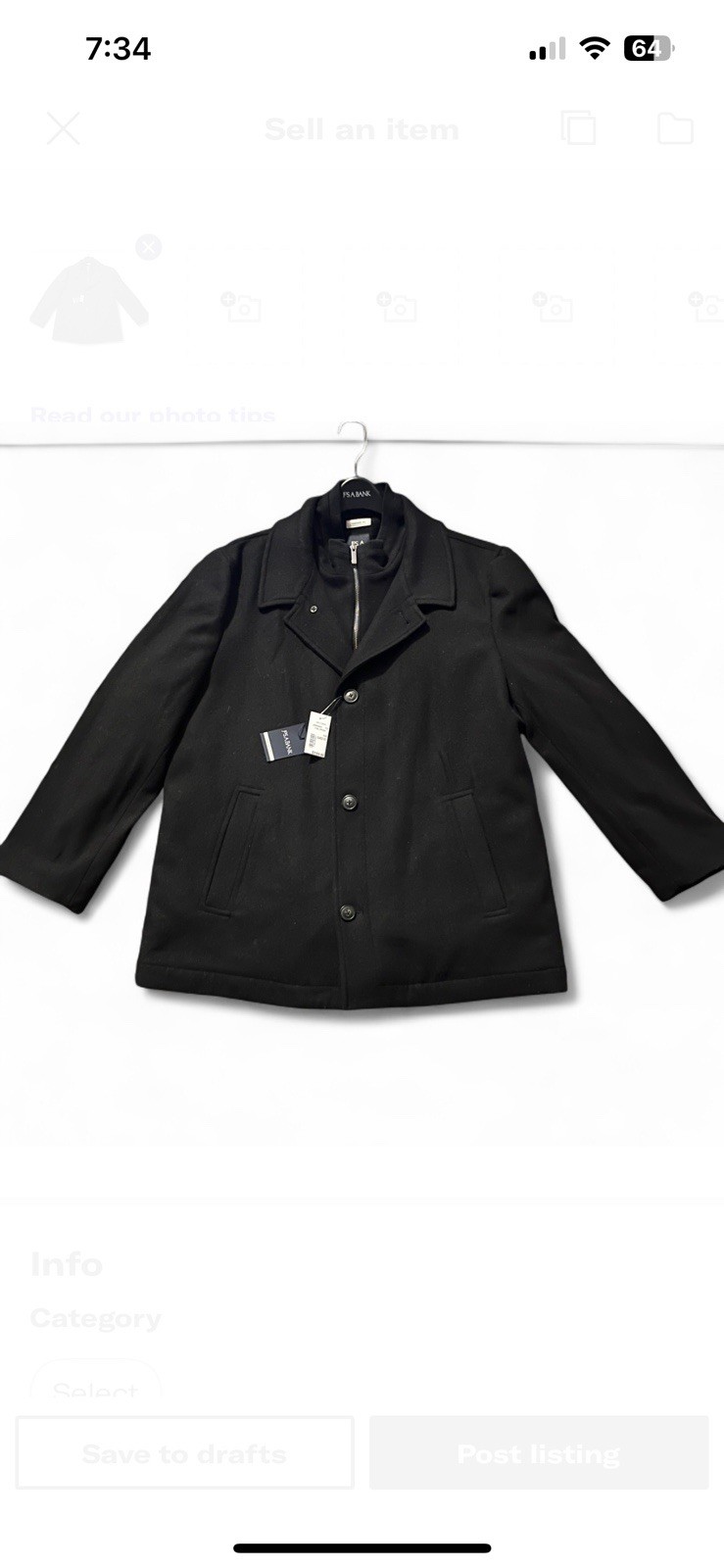 Jos A Bank Mens Wool Trench Peacoat Blazer in Black Charcoal Size XL