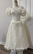 7 8 P VINTAGE Victorian Lace Ivory Wedding Dress Tea Length Cottage Puff Short