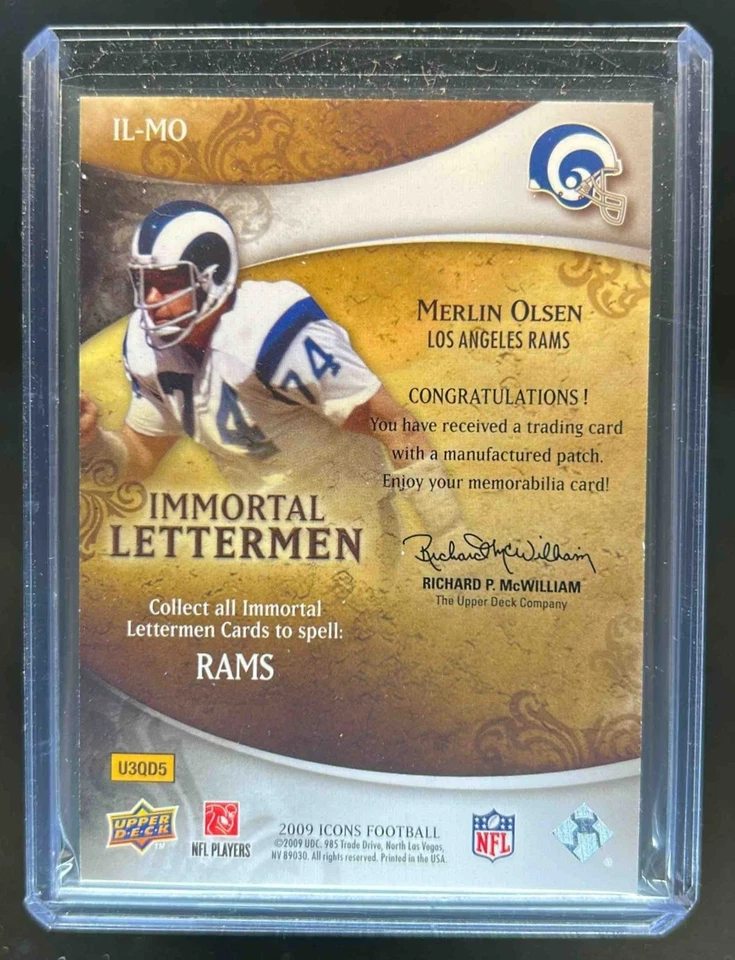 2009 Upper Deck Icons Merlin Olsen Immortal Lettermen Letter R Patch #/131 Rams - Image 2 of 2