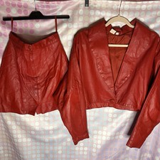 Vintage Vtg Genuine Real Leather Red Jacket Mini Skirt Power Suit 2 Piece Set