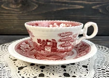 Spode Pink Tower Teacup Cup & Saucer Red Oval Stamp Vintage Transferware