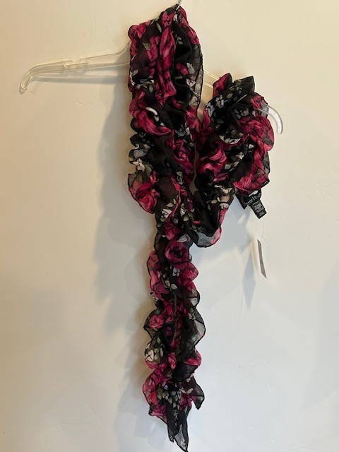NEW White House Black Market Black White Pink Floral Stretchy Ruffled Scarf