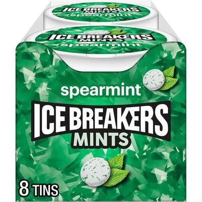 ICE BREAKERS Spearmint Sugar Free Mints Tins, 1.5 Ounce (Pack of 8), Green