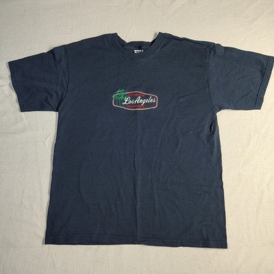 VINTAGE Los Angeles California Anvil T-Shirt Mens Medium Navy Blue Embroidered