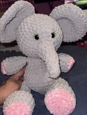 Handmade Crocheted Plush Elephant Stuffed Animal Gray Pink Feet Small 2026
