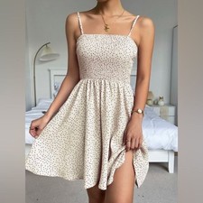 White Polka Dot Mini Dress Smocked Sleeveless Cottagecore Fairy Feminine Medium