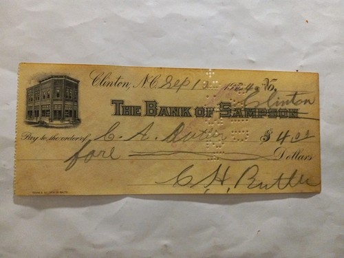 The Bank Of Sampson Clinton North Carolina Bank Check 1926 - Picture 2 of 10