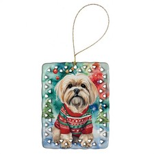 Lhasa Apso Holiday Sweater Dog Porcelain Ornament