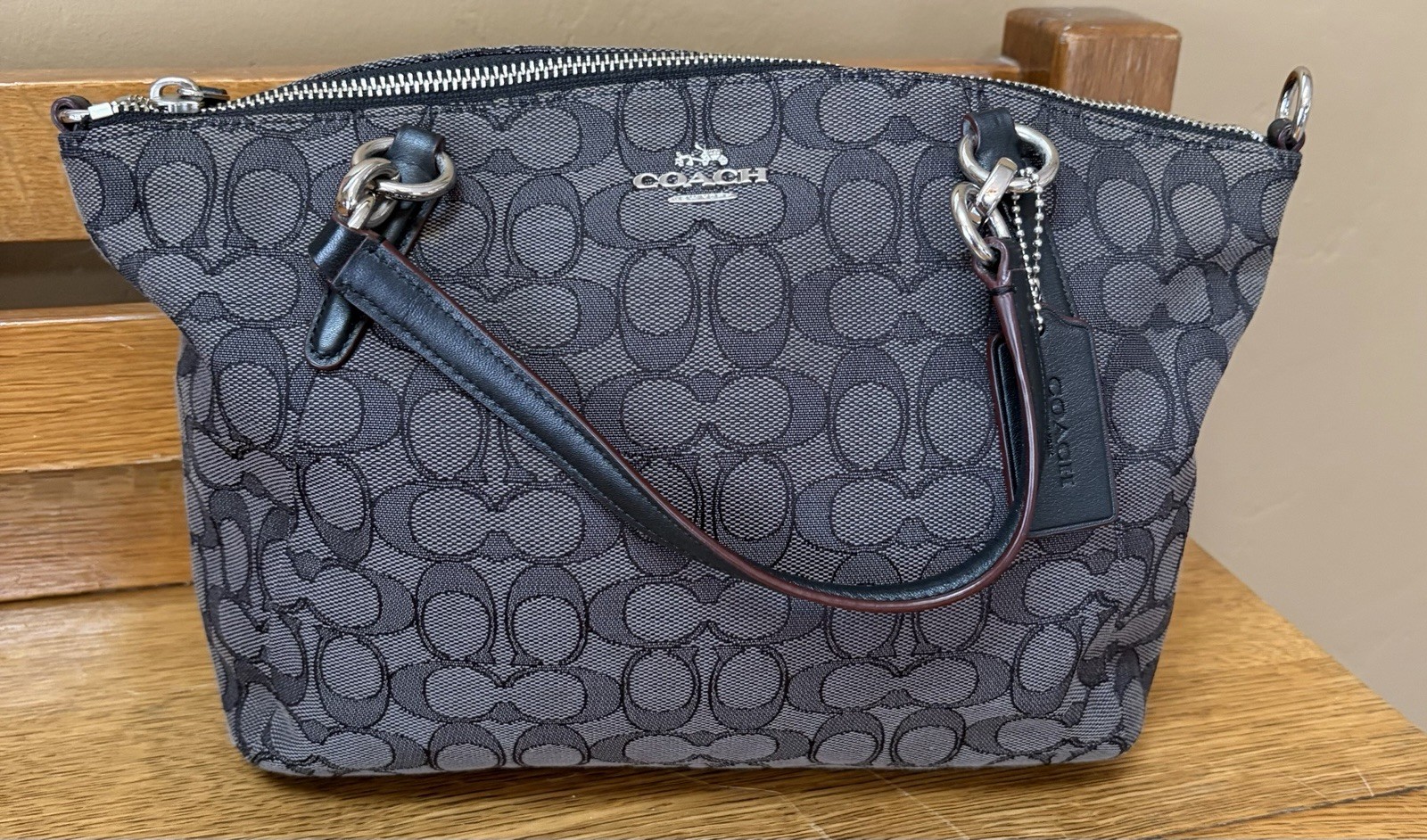 Coach F36625 Small Kelsey Gray Signature Canvas Black Leather Satchel