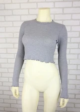 Joah Brown Ribbed Long Sleeve Crop Top Womens S/M Grey Ruffled Edge Trim