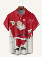 Plus Size Red White Santa Claus Graphic Print Shirt Button Up Big  Tall Shirt