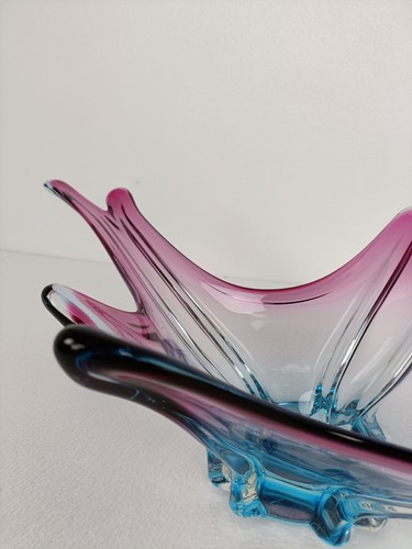 Gorgeous Bowl Dish Centerpiece Blue Cranberry Art Glass Murano Italy Vintage - Picture 9 of 11