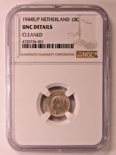 1944 S/P Netherlands 10 Cents Silver NGC UNC Details Cleaned KM#163