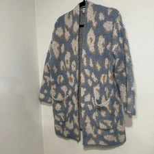 Davi & Dani Leopard Open Front Long Sleeve Cardigan Pockets Shimmer Womens M