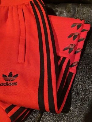Adidas Trefoil Stripes Fleece Track pants Red XS 🔥28/30” UK