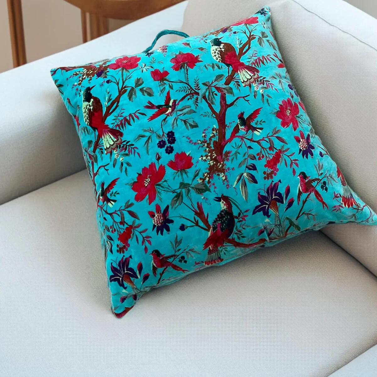 Turquoise Large Floor Cushion Cover Cotton Velvet Bird Design 75 cm x 75 cm