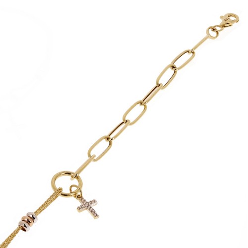 Italian 14k Tri-Color Gold Paper Clip Wheat Link Cross Charm Bracelet 7.5" 3gram - Picture 3 of 5
