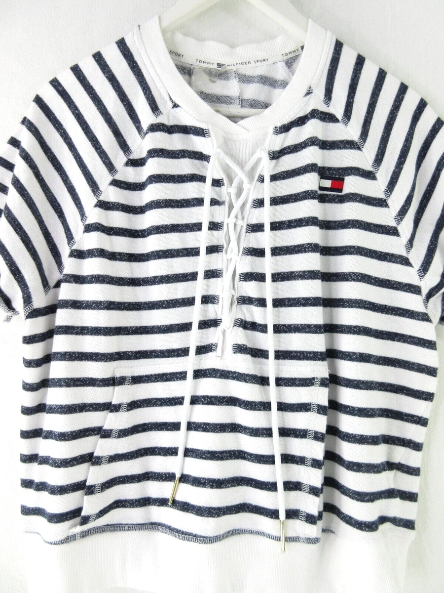 Tommy Hilfiger Shirt Women's M Blue White Stripe Shirt Top French Terry  Cover-up