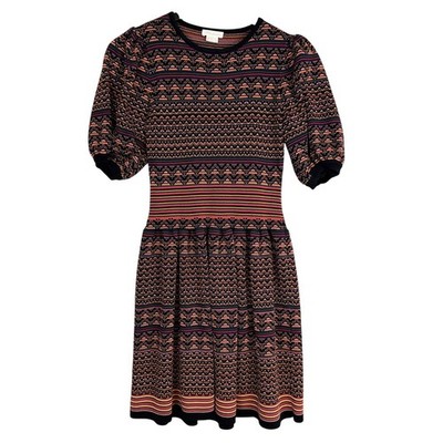 Shoshanna Tally Short Puff Sleeve Textured Knit Striped Dress Black Multi - L