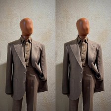 Brown Linen Retro Men's Suits Peak Lapel 2-Button Wedding Groom Tuxedo 2 pieces
