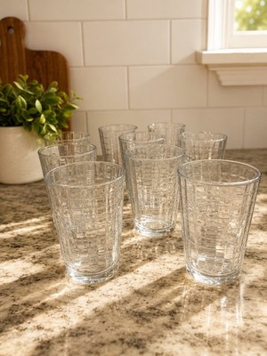 Pasabahce Glasses 6 oz Lowball Whiskey Block Optic Windowpane Grid Set Of 8 MCM