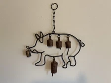 Vintage Welded Metal Pig and Rusty Weathered Farm Bells Wind Chime Farmhouse