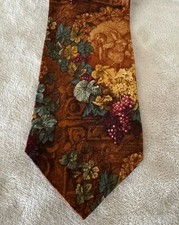 Audrey Buckner Silk Tie Brown Floral Grapes Vineyard Novelty Made in USA