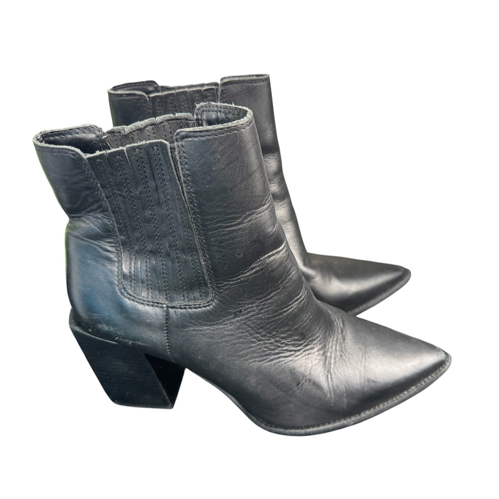 Steve Madden Acton Black Leather Pointed Toe Ankle Boots 7.5M Block Heel