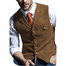 Brown Mens Vest Tweed Waistcoat Notch Lapel Wool Herringbone Vintage Suit Formal