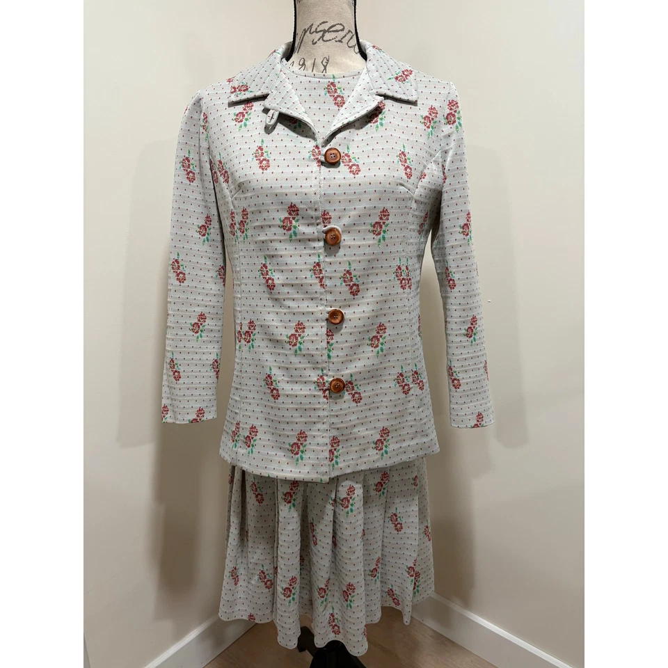 Conjunto de 2 piezas vintage de vestido y chaqueta con cintura caída estampado floral de poliéster Foto 2 de 4